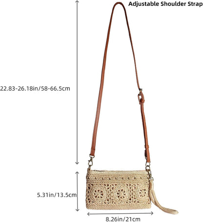 Beige Crochet Wristlet Wallet with overall dimensions and size details for everyday carry reference