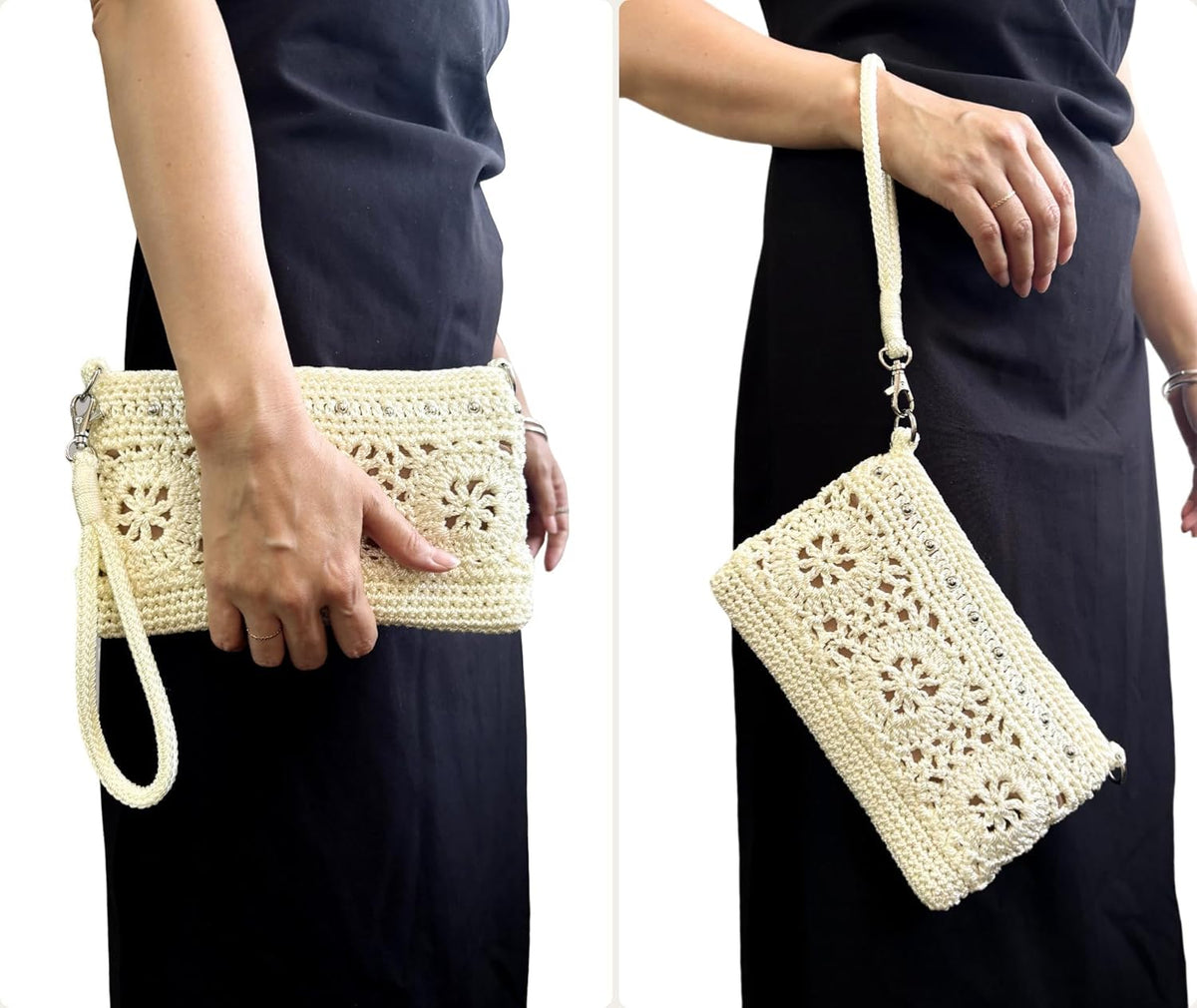 Light Yellow Wristlet Wallet shown held in hand and worn on the wrist, featuring a compact crochet design for everyday carrying