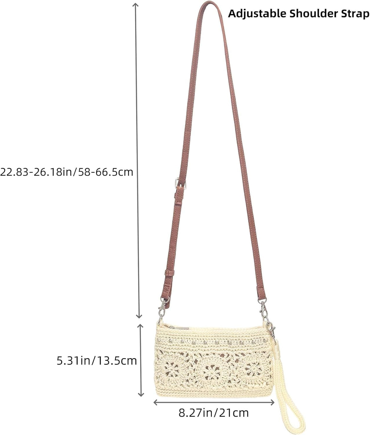 Light Yellow Crochet Wristlet Wallet with overall dimensions and size details