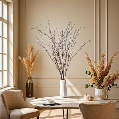 Artificial curly willow stems styled as a minimalist coffee table centerpiece