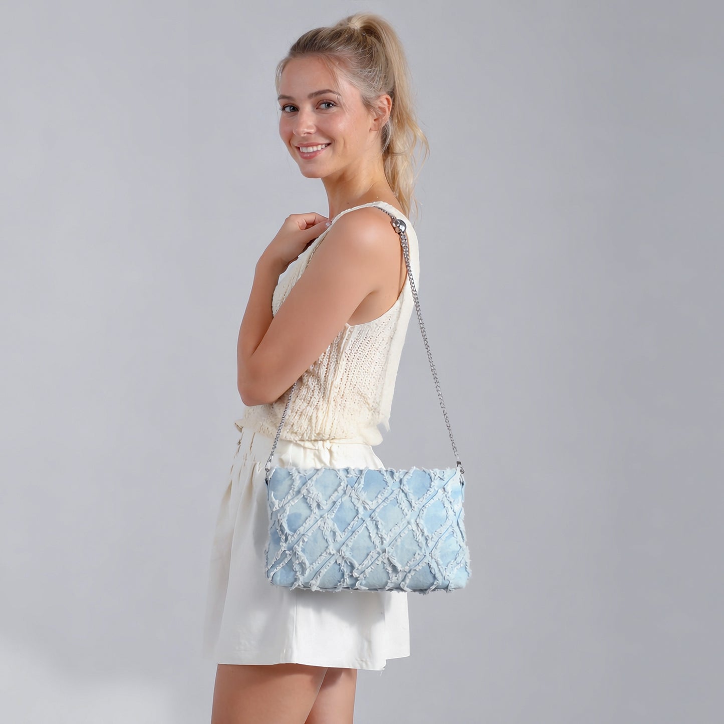 eiyye Denim chain shoulder bag with adjustable strap for women