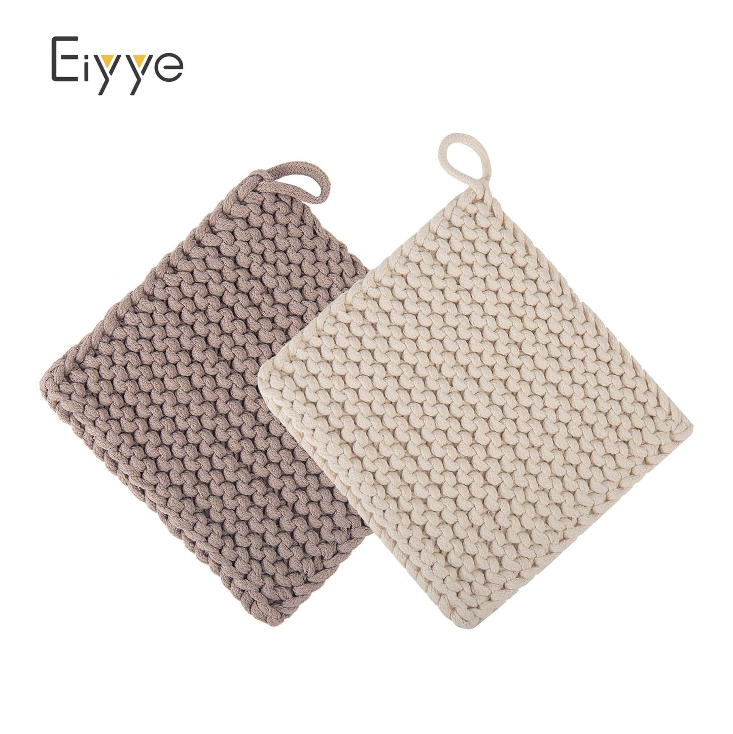 Eiyye Thick Crocheted Pot Holders, Handmade Hot Pads Crocheted Trivets for Kitchen hot Dishes(2-Pack), 8"x8" (White and Taupe)